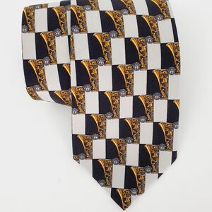Gianni‎ Versace 100% Silk Necktie Black White Gold Medusa Checkered Pattern Rare